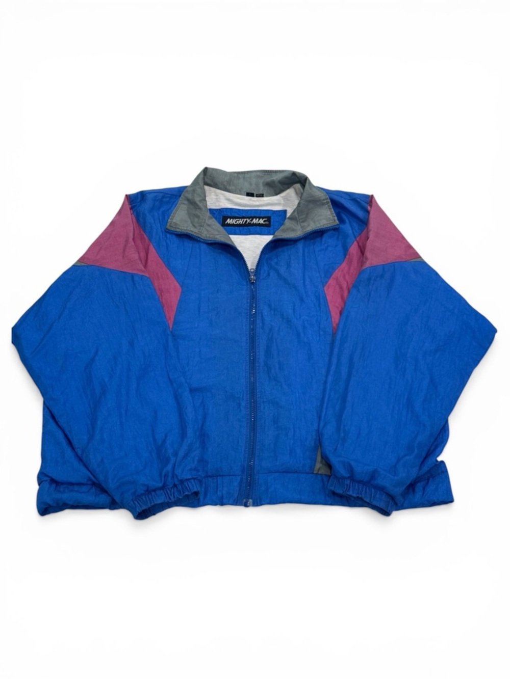 Retro 1990s Windbreaker Mighty-Mac Jacket Mens L Oversized Blue‎ Gray Pink Zip